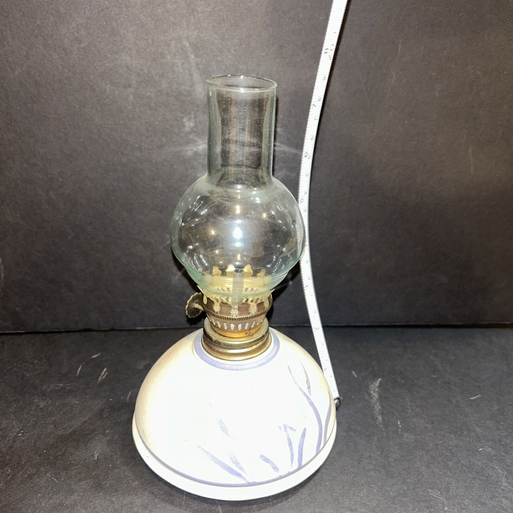 Vintage Miniature Pottery Oil Lamp With Chimney Hand Made With Purple Iris Flowe